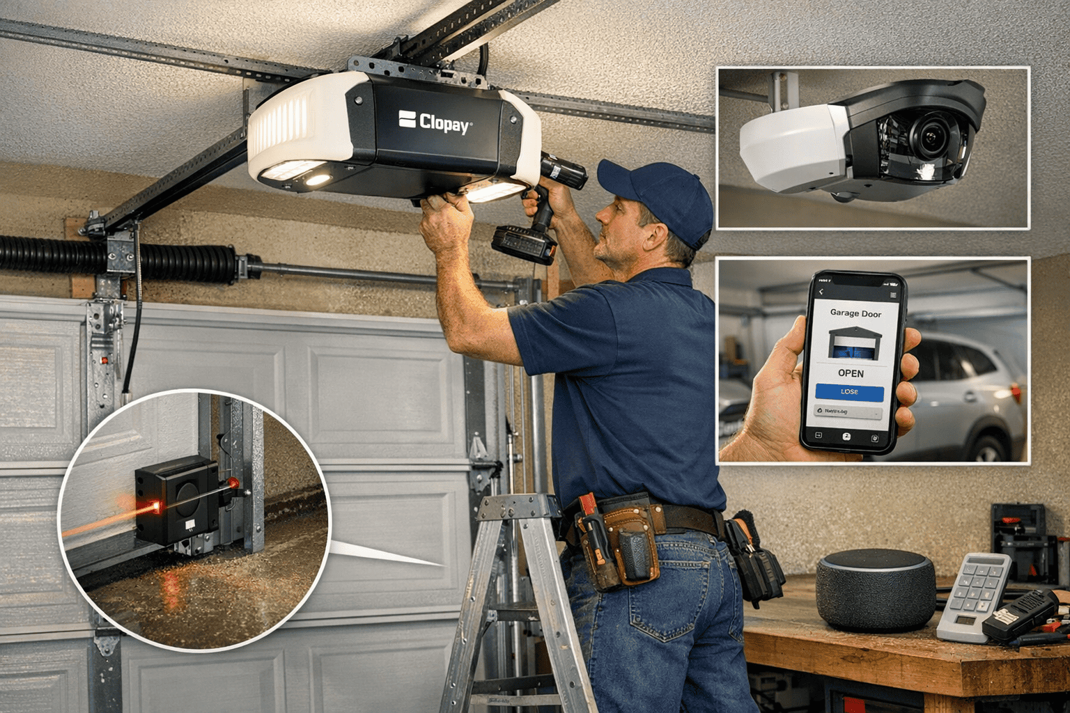 Smart Garage Door Opener Installation by Clopay. Home improvement contractor integrating safety technology.