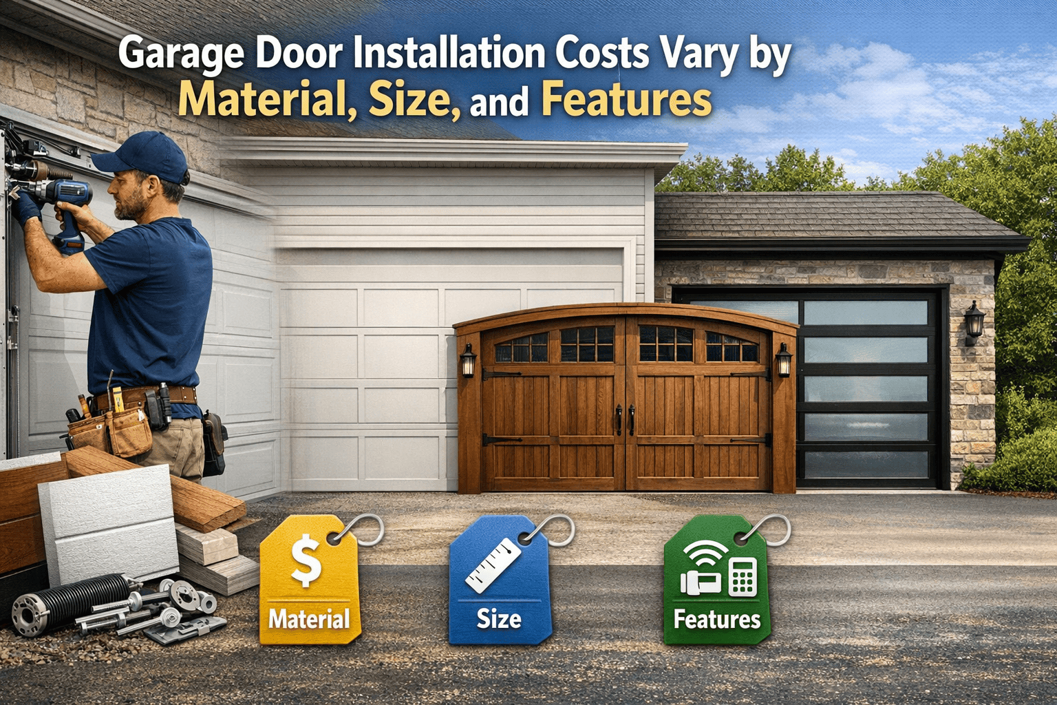 Garage door installation costs vary: size, material, features. Find a local Clopay installer for estimates. Home improvement.