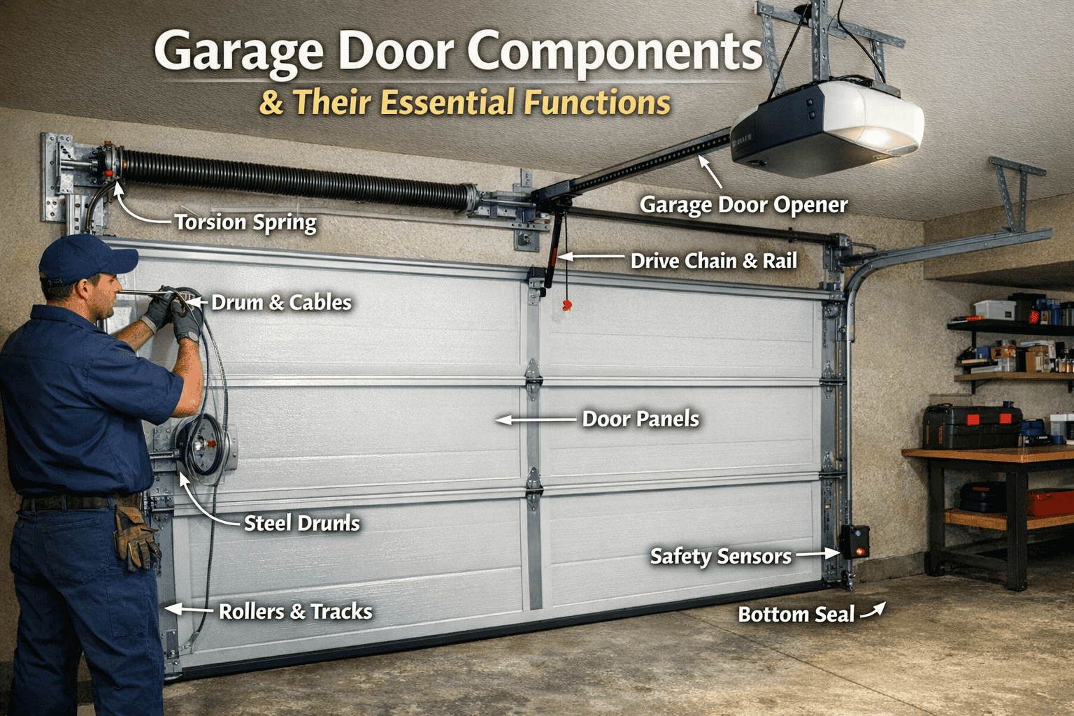 Garage door components diagram: opener, torsion spring, & essential functions. Garage door technician guide.