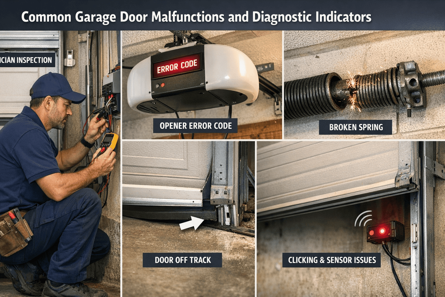 Garage door malfunctions: Common issues & diagnostic indicators. Garage door opener, torsion spring. Call a garage door technician.