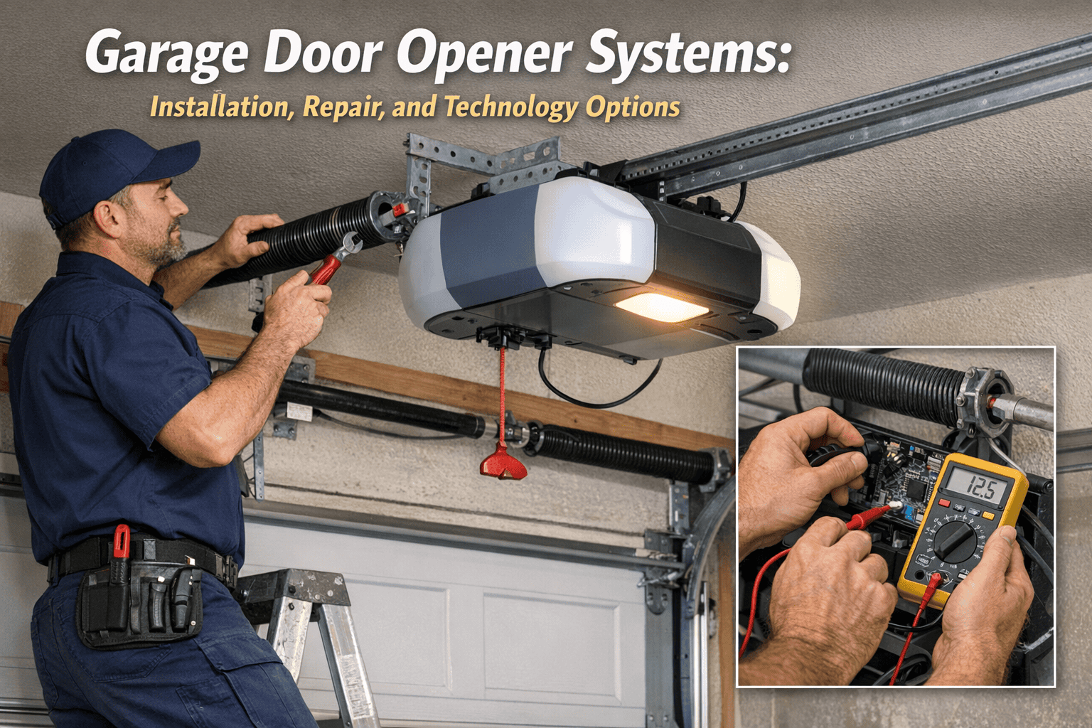 Garage door opener system: Installation, repair by garage door technician. Torsion spring visible.