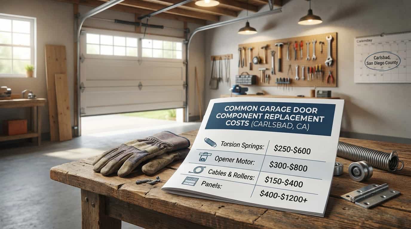 Garage door repair costs Carlsbad, CA. Replacing springs, cables, rollers. San Diego County.