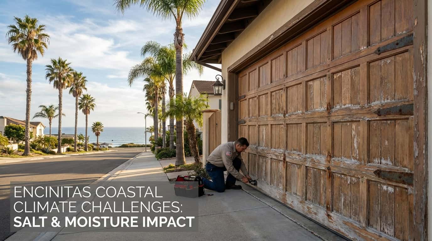 Encinitas CA garage door weathered by coastal climate. San Diego County maintenance issues.