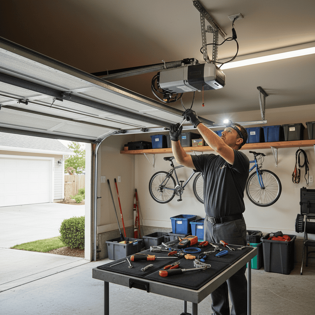Garage door opener emergency repair by garage door technician. Broken torsion spring and motor unit shown.