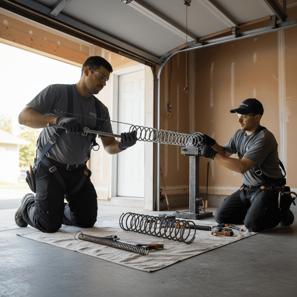 Licensed technician replacing garage door torsion spring. Safety ensured. Extension spring service.